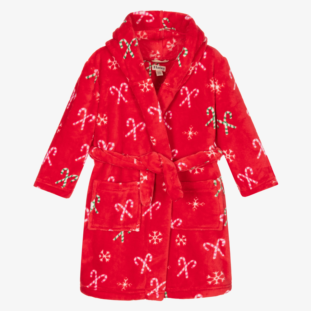 Hatley - Roter Fleece Bademantel mit Zuckerstangen-Motiv | Childrensalon