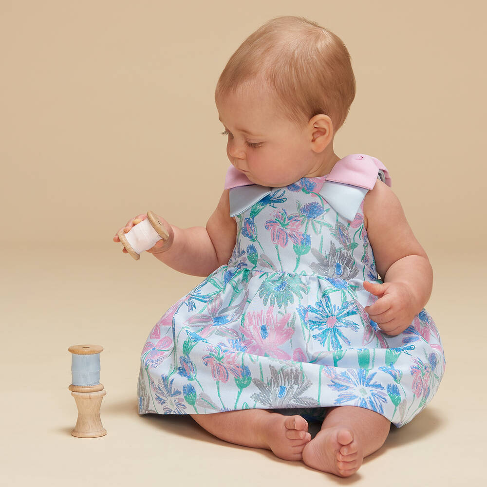 Hucklebones London Baby Girls Blue Floral Jacquard Dress