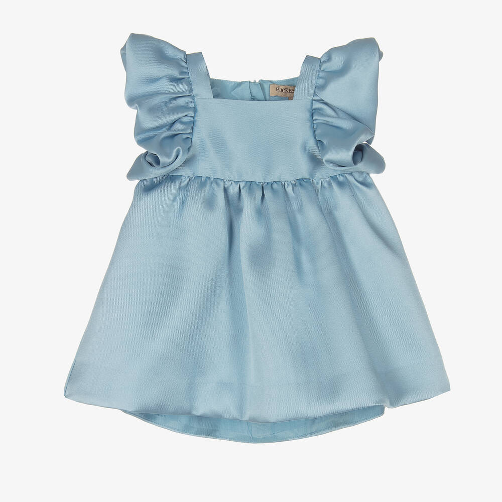 Hucklebones London - Baby Girls Blue Satin Twisted Sleeve Dress | Childrensalon