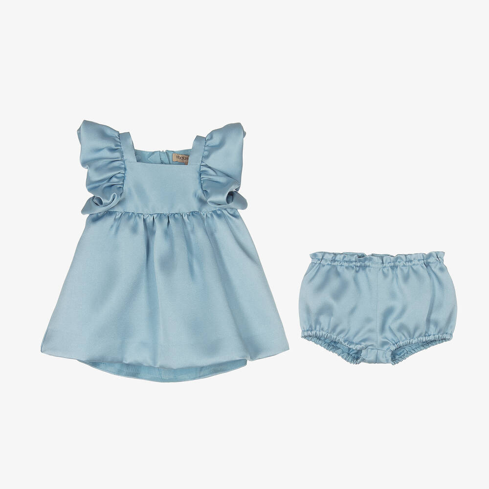 Hucklebones London-Baby Girls Blue Satin Twisted Sleeve Dress | Childrensalon Outlet