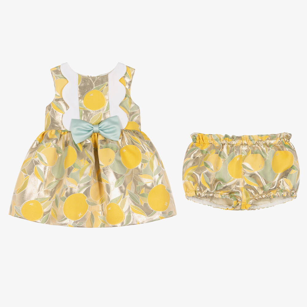 Hucklebones London-Золотистое платье и трусики из ламе с лимонами | Childrensalon Outlet