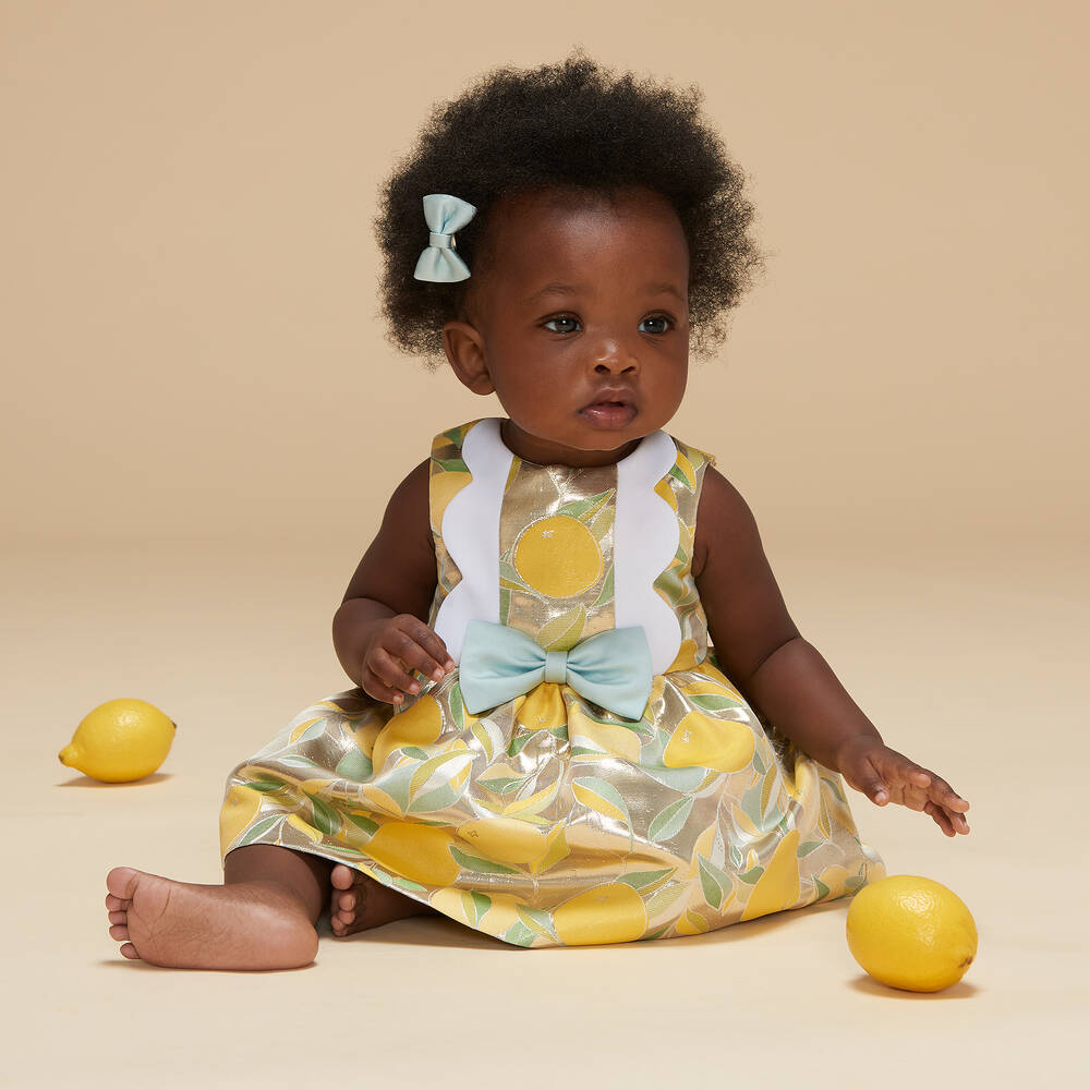 Hucklebones London-Золотистое платье и трусики из ламе с лимонами | Childrensalon Outlet