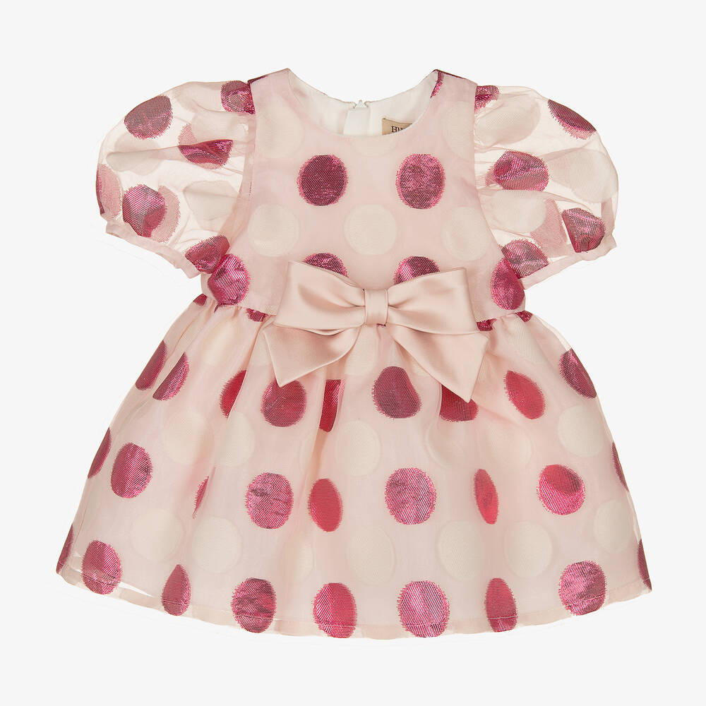 Hucklebones London - Baby Girls Pink Polka Dot Organza Dress | Childrensalon