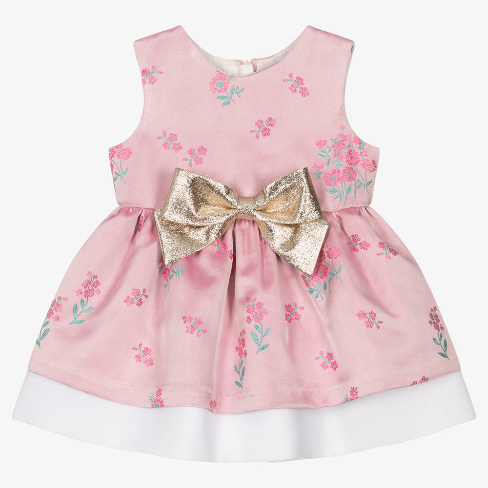 Hucklebones London - Baby Girls Pink Satin Jacquard Dress | Childrensalon