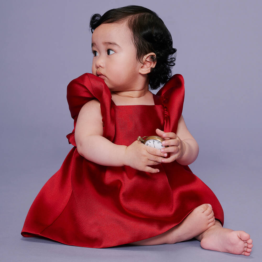 Hucklebones London-Baby Girls Red Satin Twisted Sleeve Dress | Childrensalon Outlet