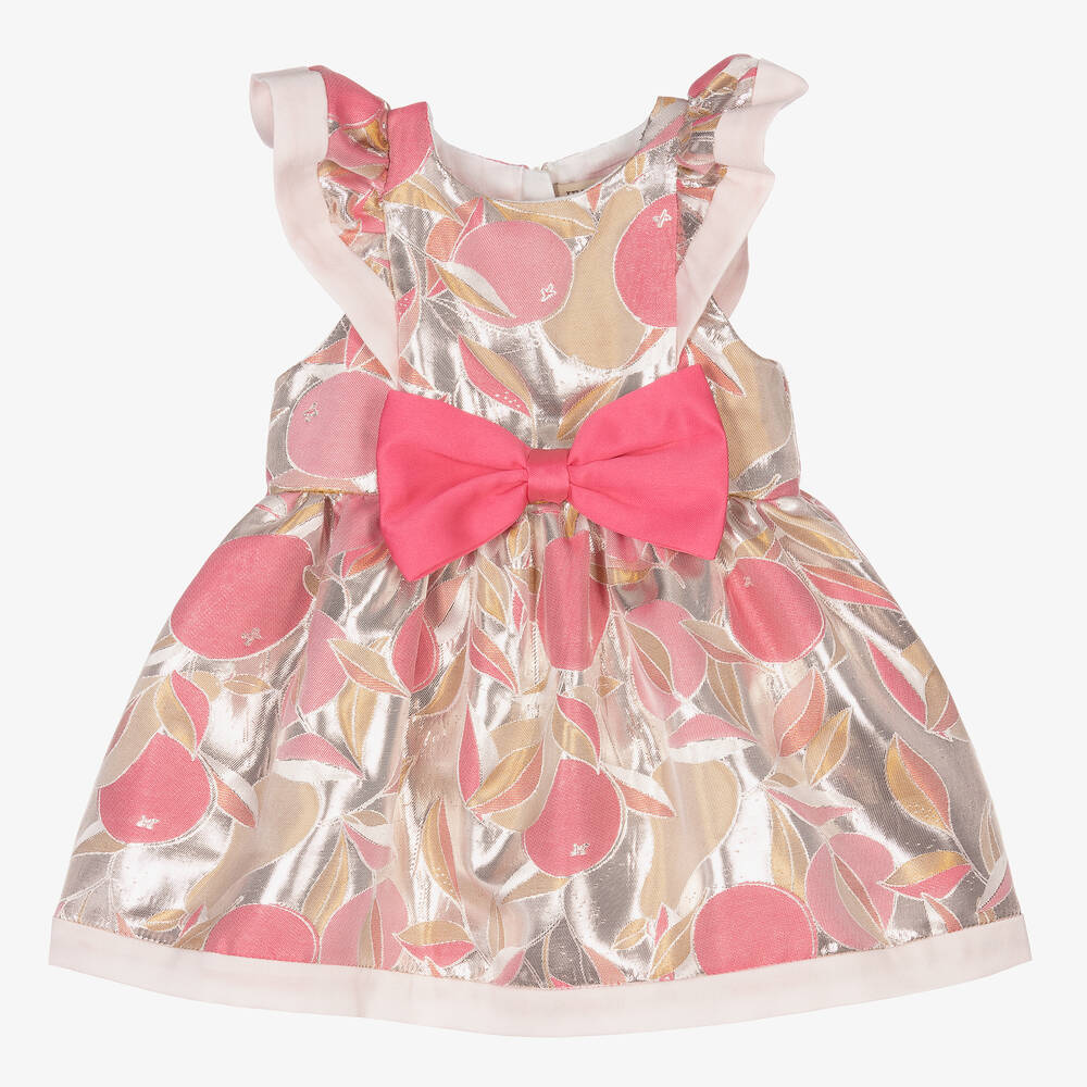 Hucklebones London-فستان أطفال بناتي ساتان جاكارد لون فضّي | Childrensalon Outlet