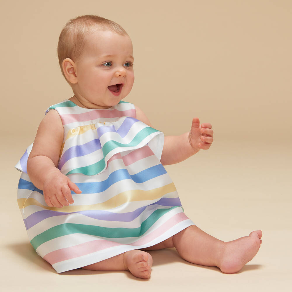 Hucklebones London-فستان أطفال بناتي ساتان تويل مقلم لون أبيض | Childrensalon Outlet