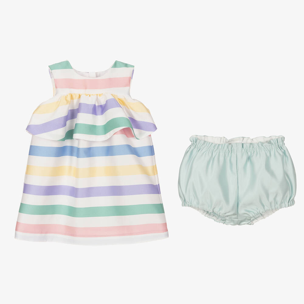 Hucklebones London-فستان أطفال بناتي ساتان تويل مقلم لون أبيض | Childrensalon Outlet