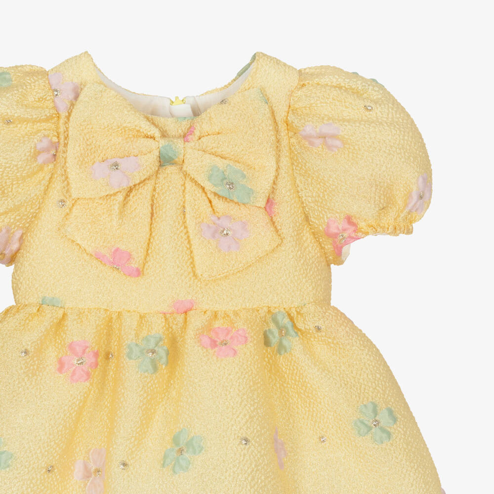 Hucklebones London-Baby Girls Yellow Floral Jacquard Dress with Bow | Childrensalon Outlet