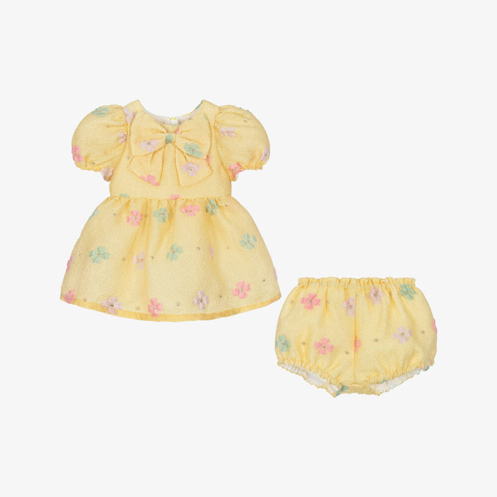 Hucklebones London-Baby Girls Yellow Floral Jacquard Dress with Bow | Childrensalon Outlet