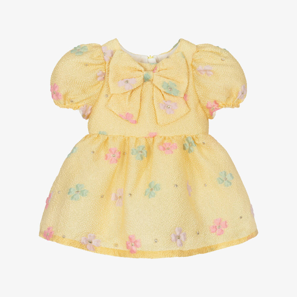 Hucklebones London-Baby Girls Yellow Floral Jacquard Dress with Bow | Childrensalon Outlet