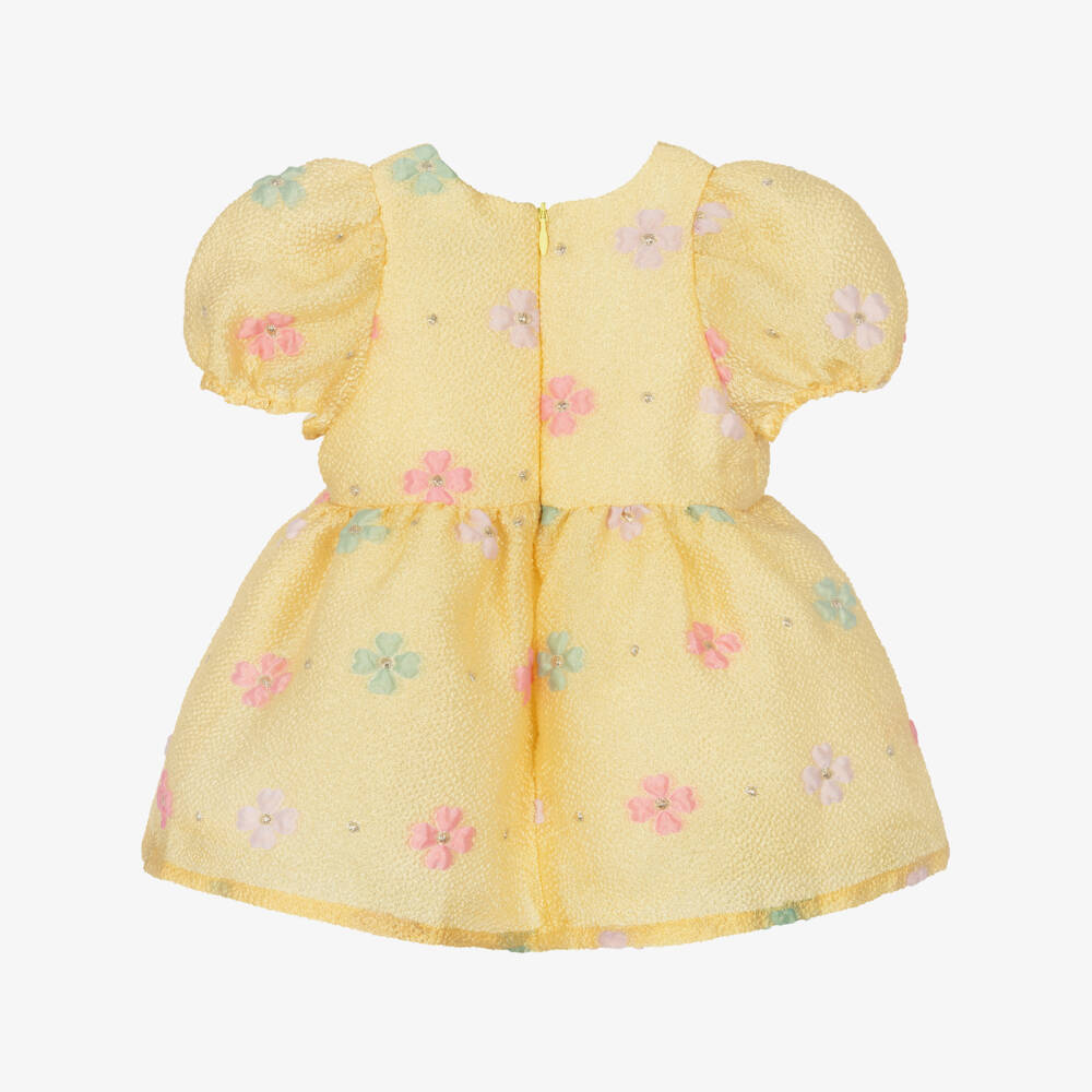 Hucklebones London-Baby Girls Yellow Floral Jacquard Dress with Bow | Childrensalon Outlet