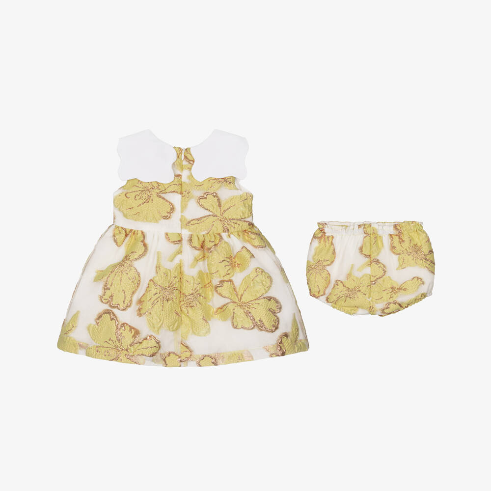 Hucklebones London-Baby Girls Yellow & Gold Jacquard Floral Dress | Childrensalon Outlet