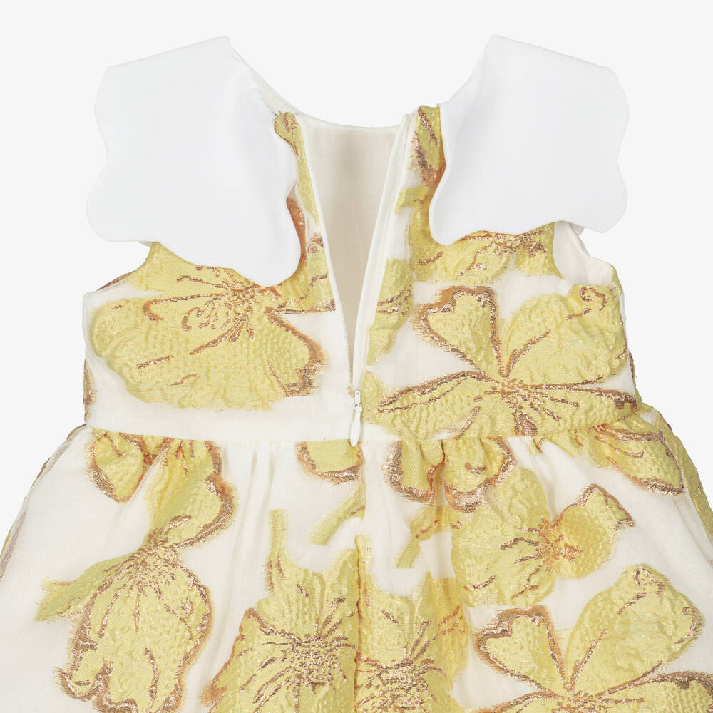 Hucklebones London-Baby Girls Yellow & Gold Jacquard Floral Dress | Childrensalon Outlet