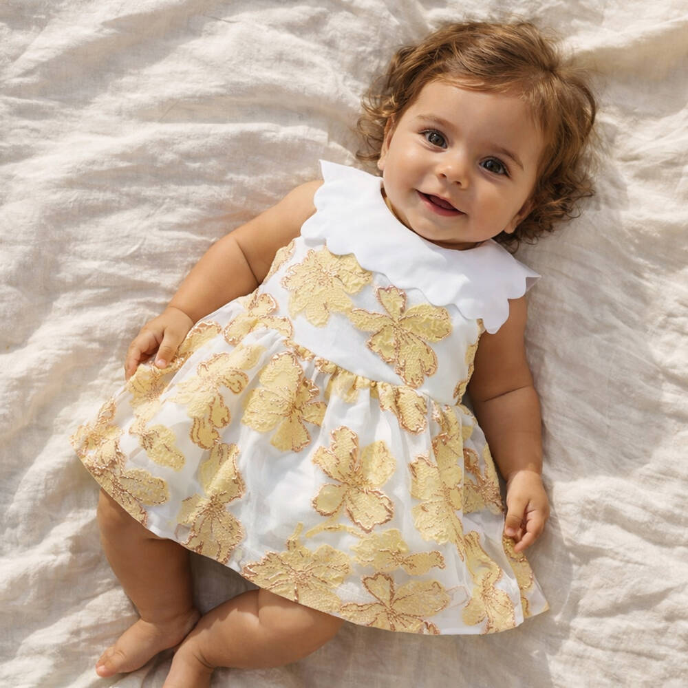 Hucklebones London-Baby Girls Yellow & Gold Jacquard Floral Dress | Childrensalon Outlet