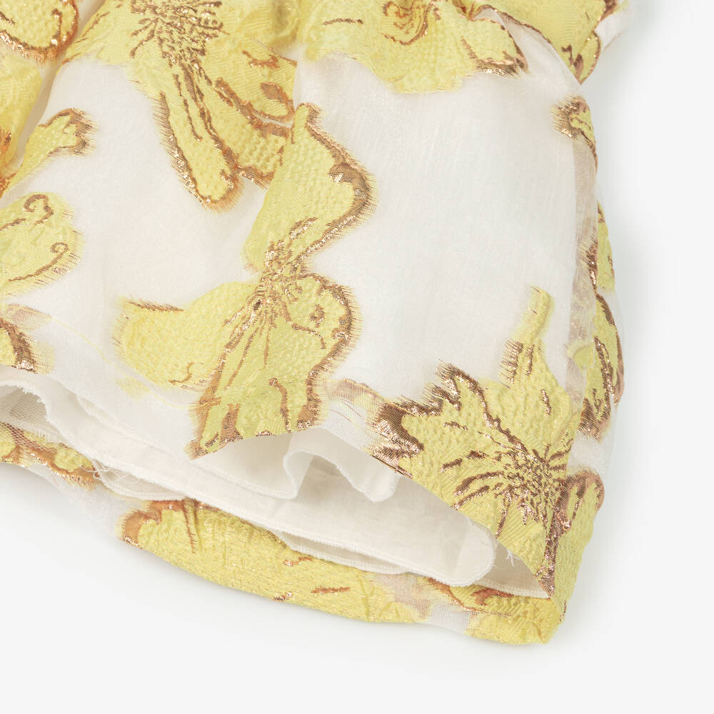 Hucklebones London-Baby Girls Yellow & Gold Jacquard Floral Dress | Childrensalon Outlet
