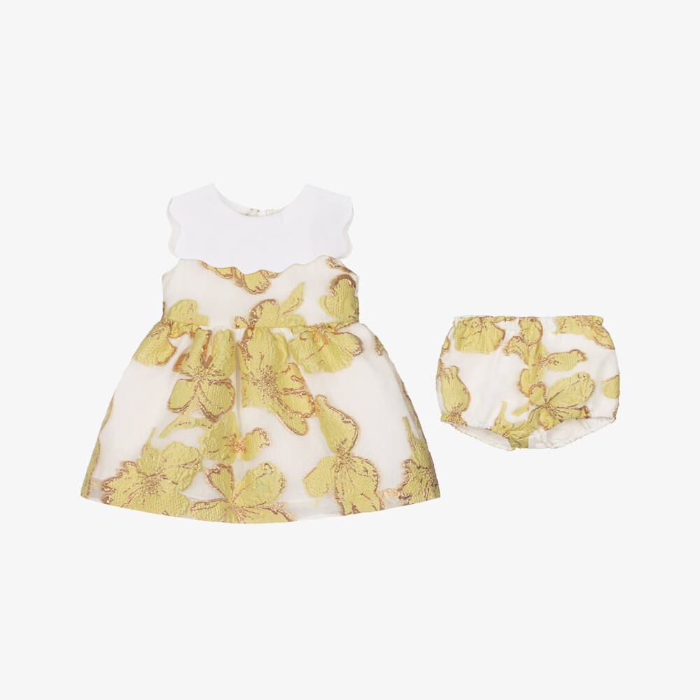 Hucklebones London-Baby Girls Yellow & Gold Jacquard Floral Dress | Childrensalon Outlet