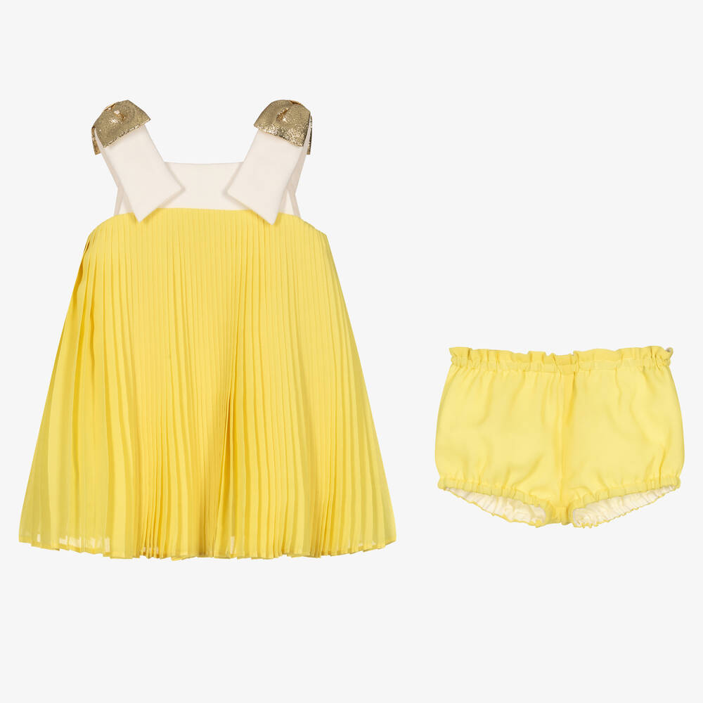 Hucklebones London-Baby Girls Yellow Pleated Chiffon Dress | Childrensalon Outlet