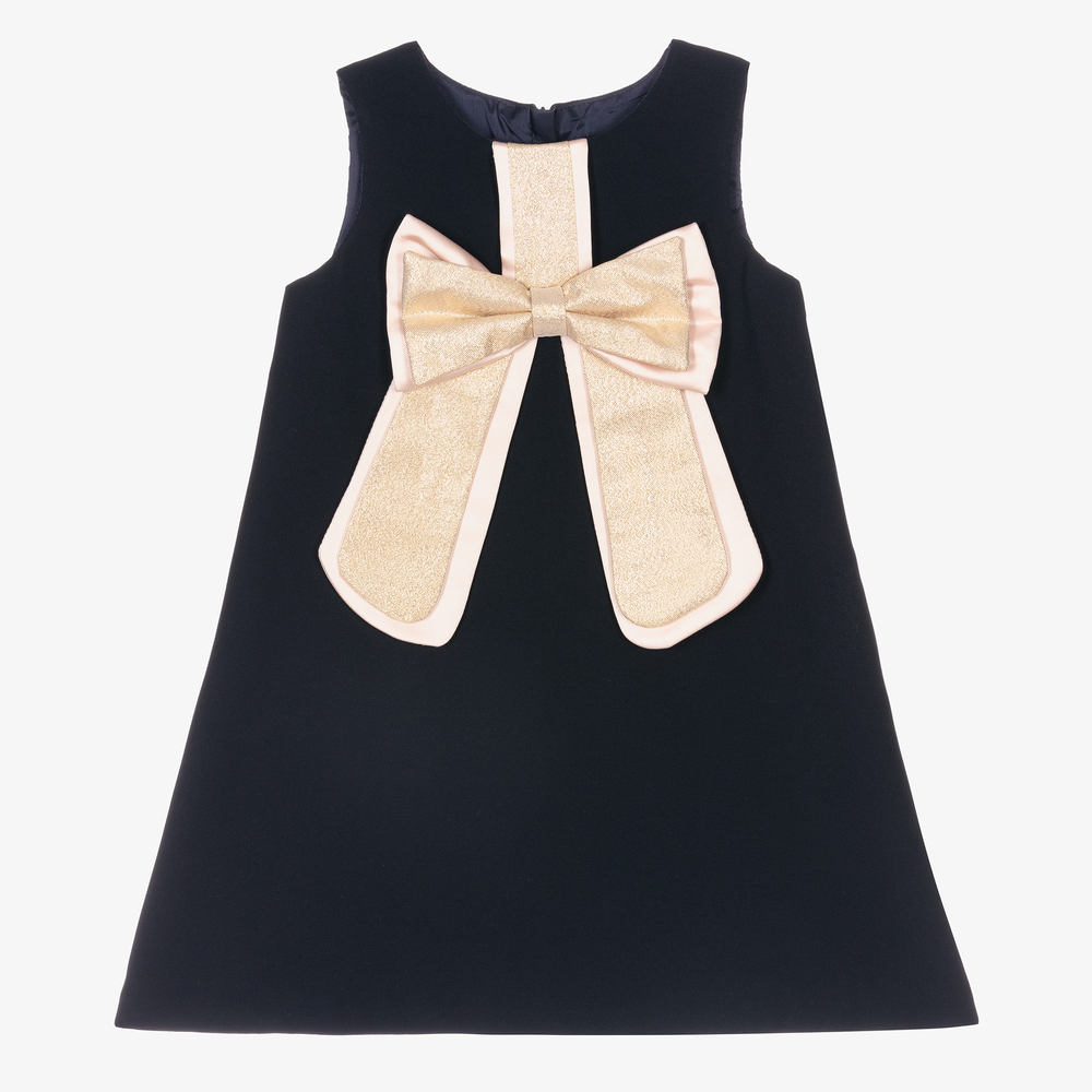 Hucklebones London-فستان كريب لون كحلي مزين بفيونكة ساتان لون ذهبي وزهري | Childrensalon Outlet