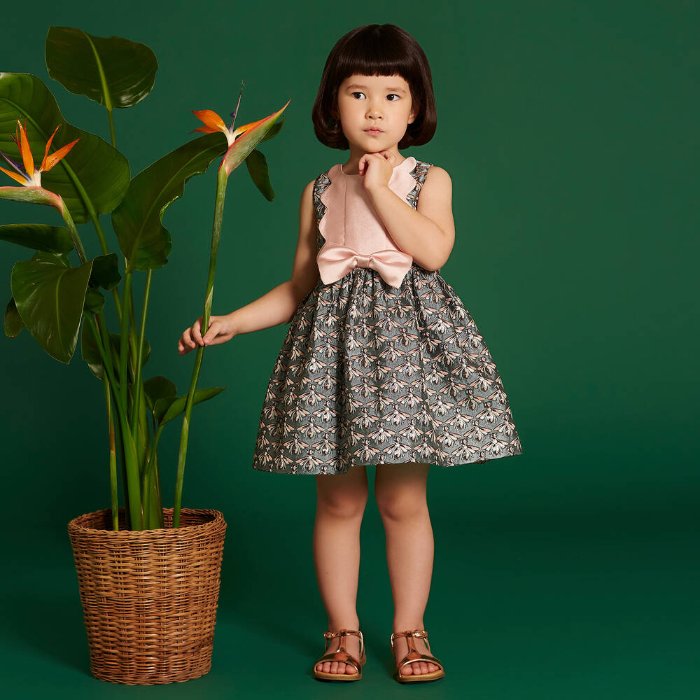 Hucklebones London-Синее жаккардовое платье с пчелами для девочек | Childrensalon Outlet