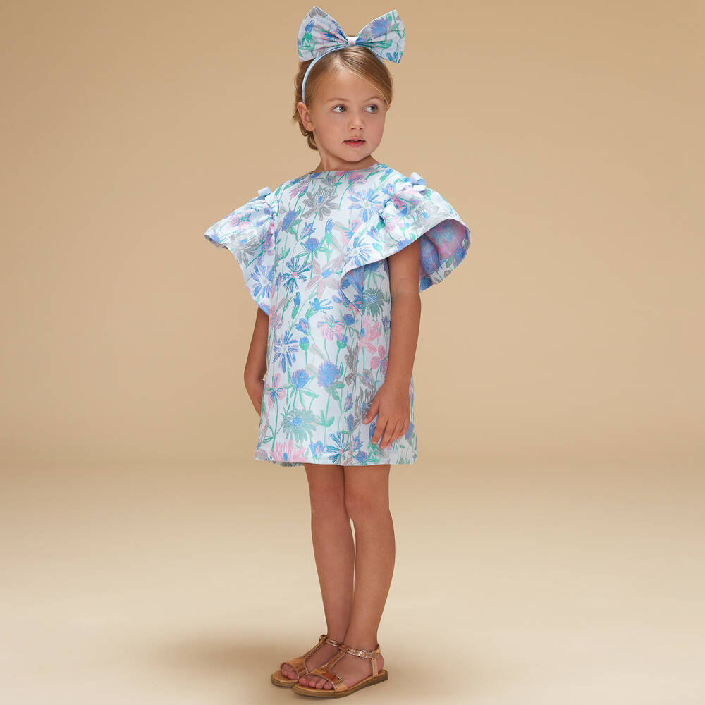 Sophie & Lucas Baby Girls Blue Floral Miller Tate Ruffle Bubble - White Side Bows