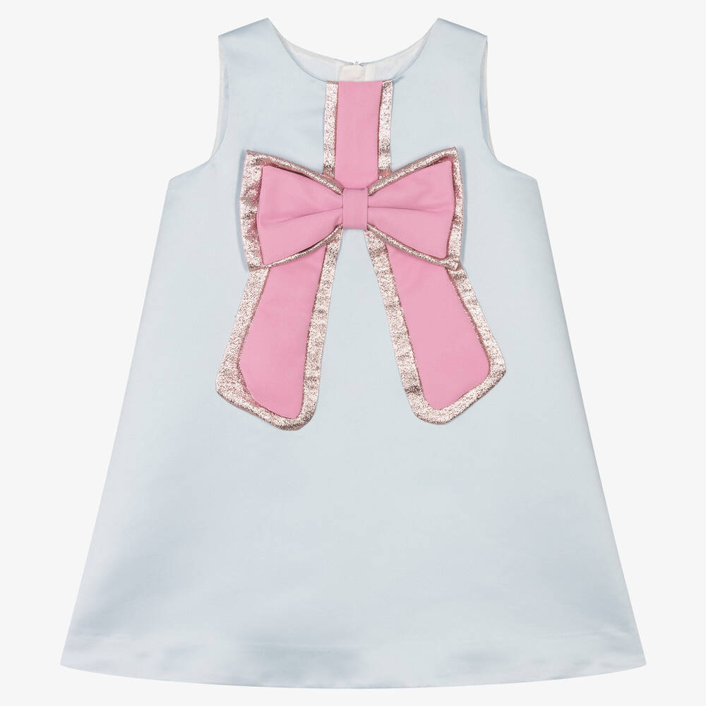 Hucklebones London - Girls Blue & Pink Bow Satin Dress | Childrensalon