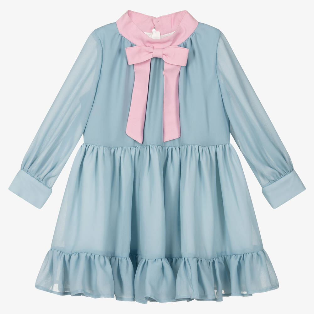 Hucklebones London - Голубое шифоновое платье с розовым бантом | Childrensalon