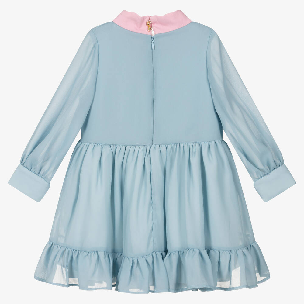 Hucklebones London-Голубое шифоновое платье с розовым бантом | Childrensalon Outlet