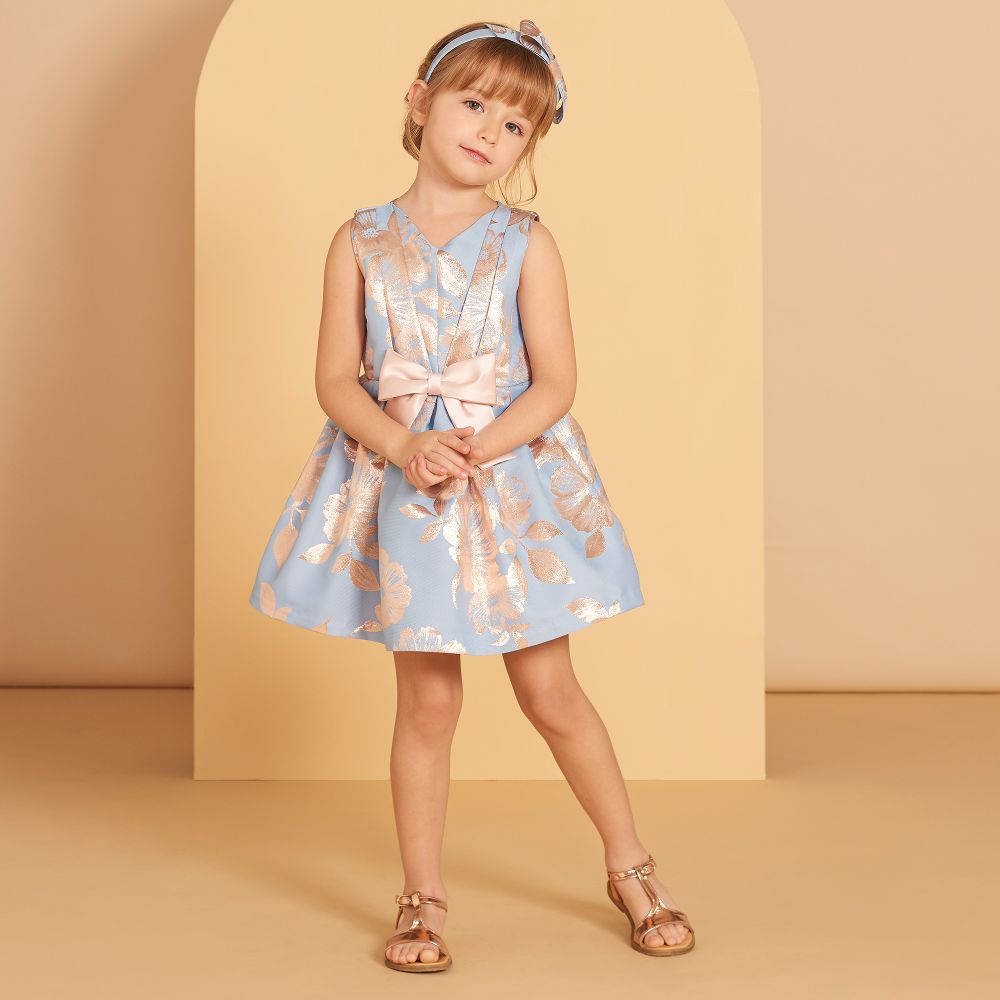 Hucklebones London Girls Blue Rose Gold Dress Childrensalon