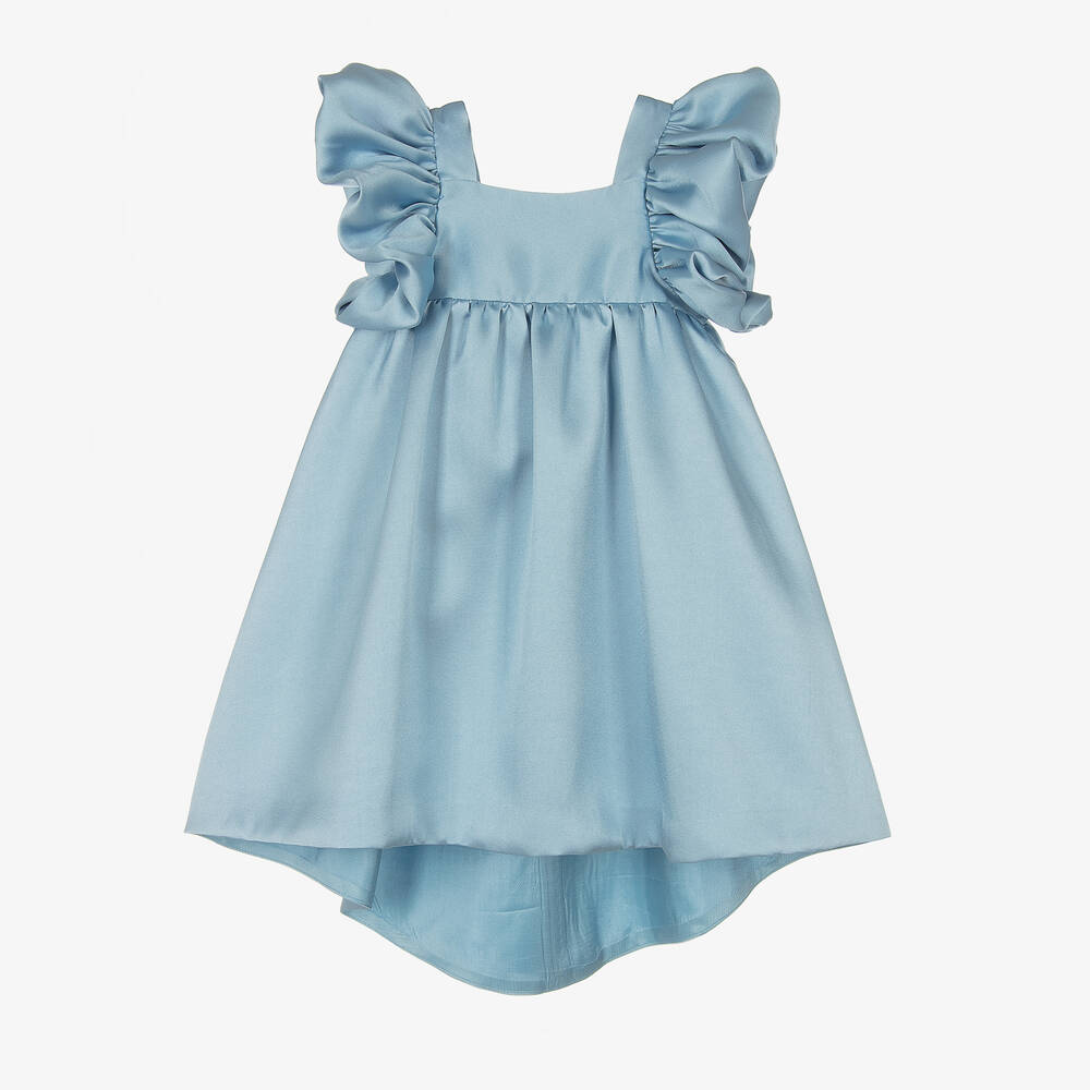 Hucklebones London - Girls Blue Satin Ruffle Sleeve Dress | Childrensalon