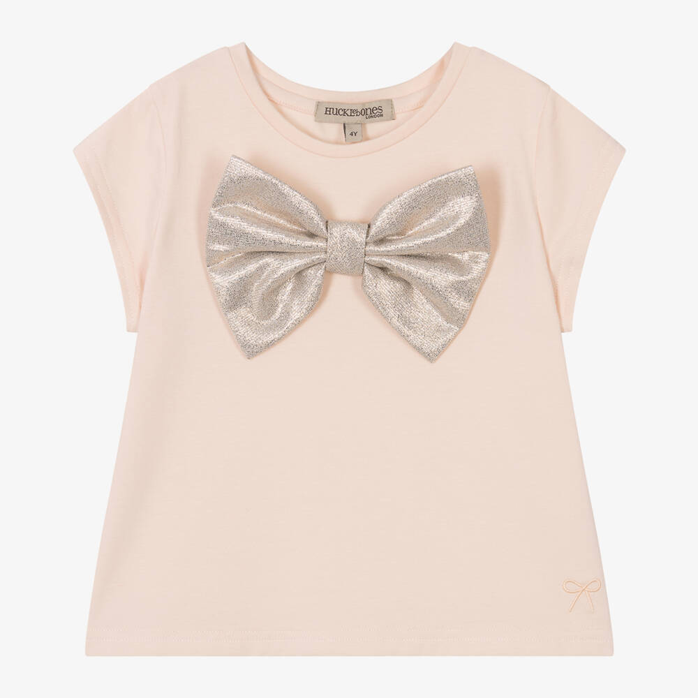 Hucklebones London-تيشيرت وردي للبنات مع فيونكة ذهبية | Childrensalon Outlet