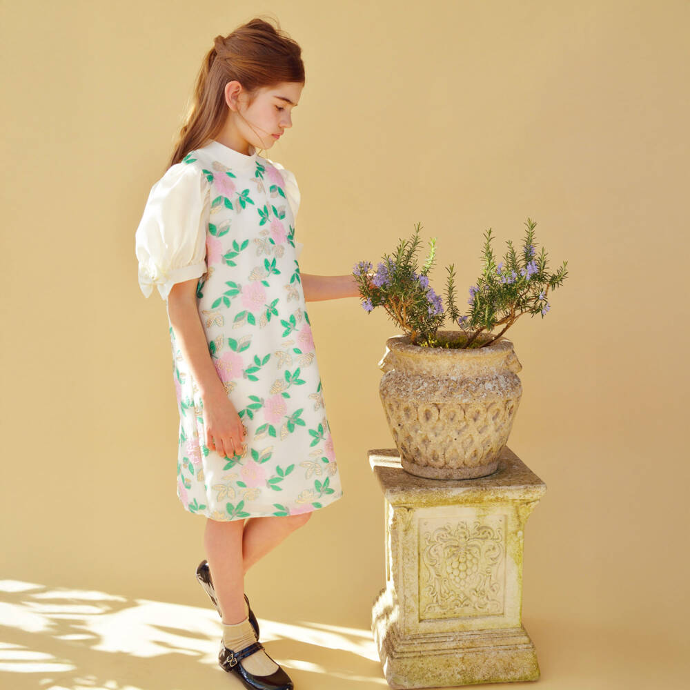 Hucklebones London-Girls Elegant Ivory Floral Dress | Childrensalon Outlet