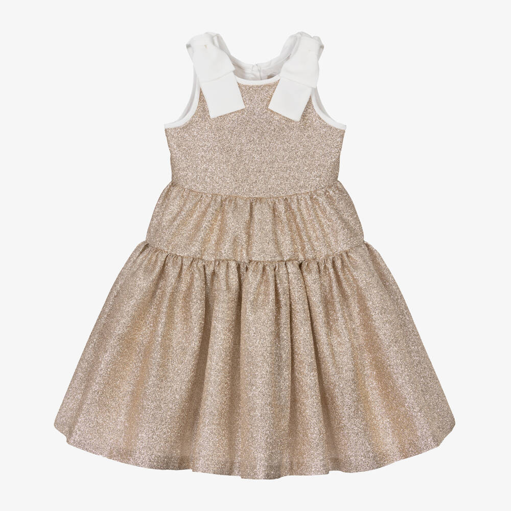 Hucklebones London-Очаровательное золотое платье с бантом для девочек | Childrensalon Outlet
