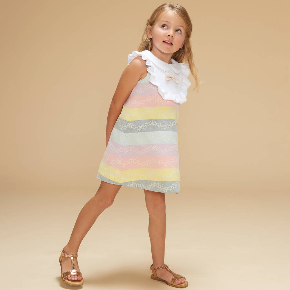 Hucklebones London-فستان جاكارد مقلم لون زهري وأصفر بطبعة ورود | Childrensalon Outlet