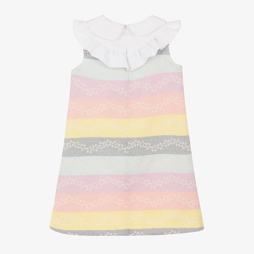 Hucklebones London-فستان جاكارد مقلم لون زهري وأصفر بطبعة ورود | Childrensalon Outlet