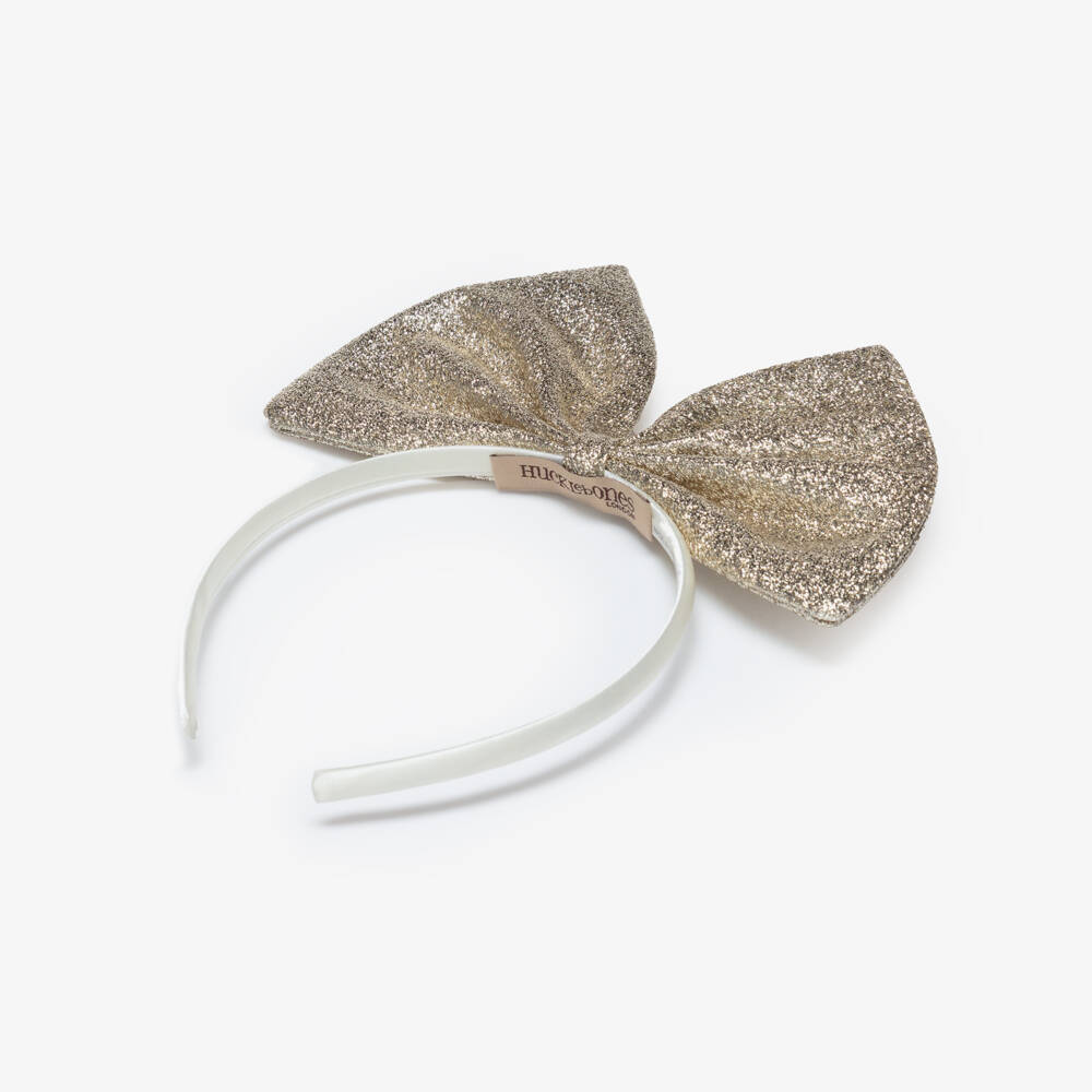 Hucklebones London-Girls Glittery Pale Gold Bow Hairband | Childrensalon Outlet
