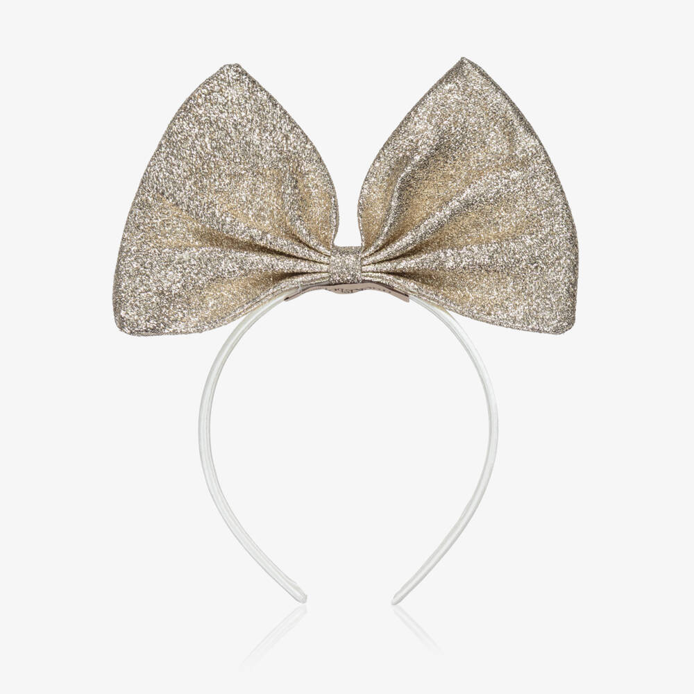 Hucklebones London-Girls Glittery Pale Gold Bow Hairband | Childrensalon Outlet