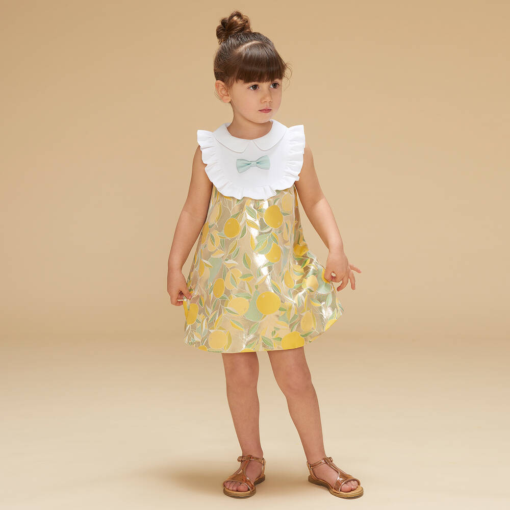 Hucklebones London-Girls Gold Lamé Jacquard Dress | Childrensalon Outlet