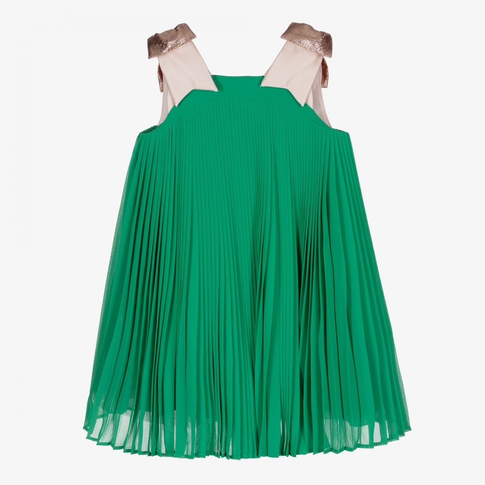 Hucklebones London - Girls Green Pleated Dress  | Childrensalon