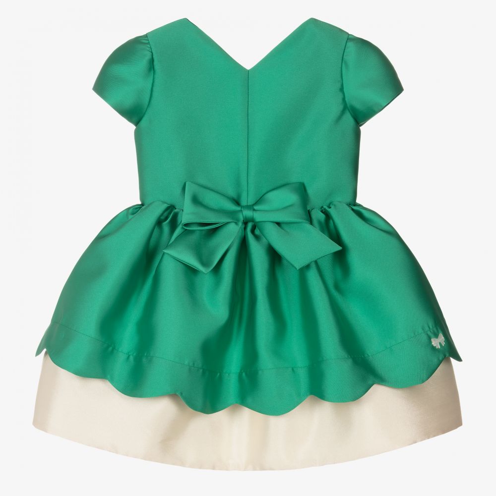 Hucklebones London - Girls Green Satin Bow Dress | Childrensalon