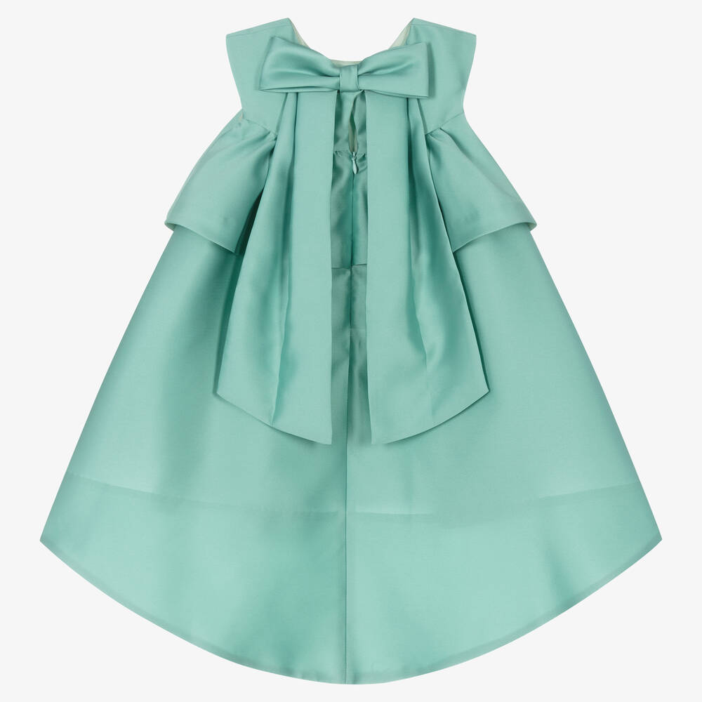 Hucklebones London-Зеленое платье из атласного твила с бантом | Childrensalon Outlet