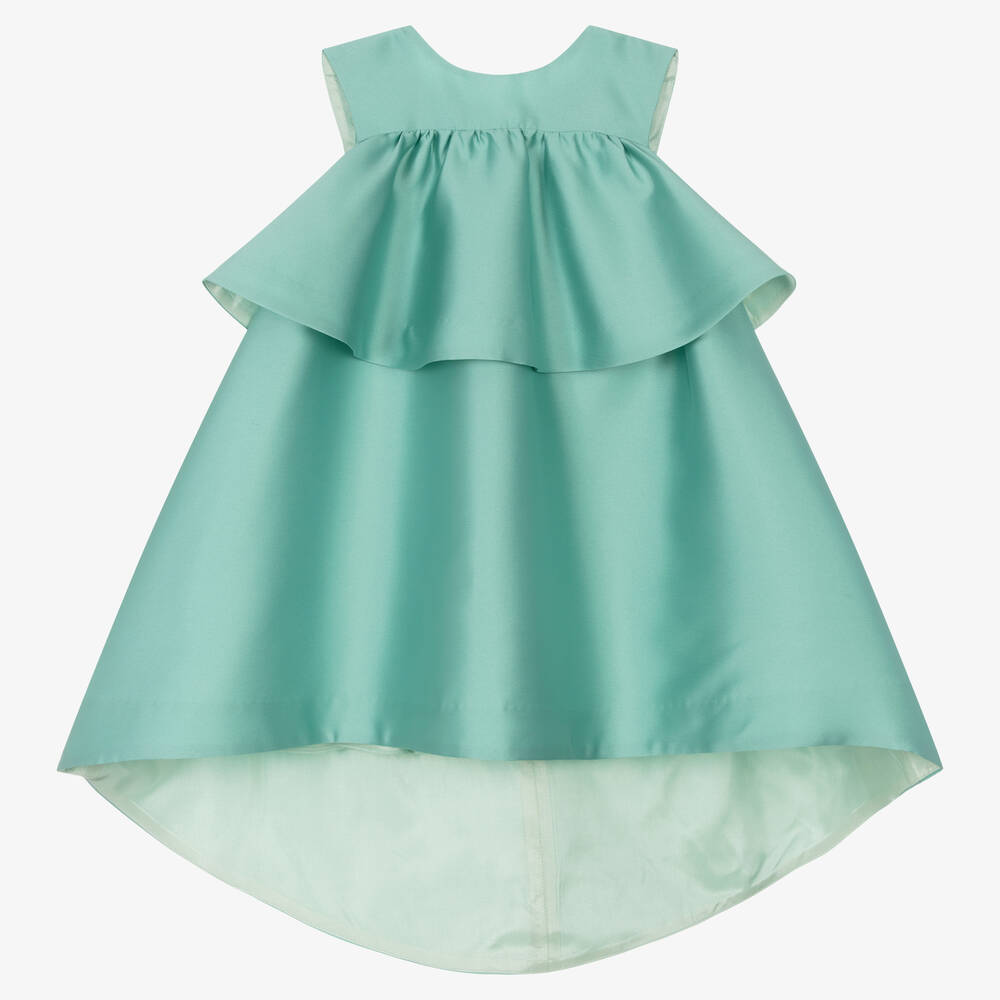 Hucklebones London-Girls Green Satin Twill Bow Dress | Childrensalon Outlet