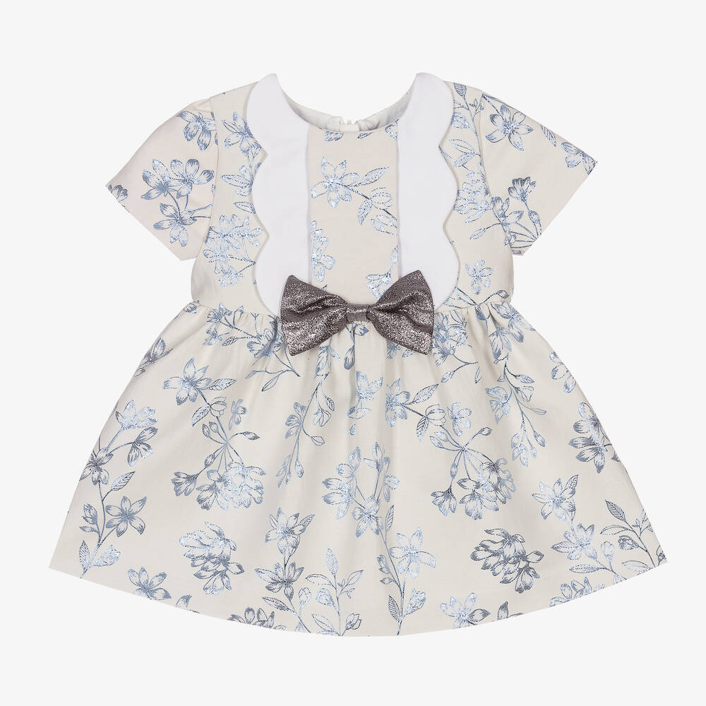 Hucklebones London - طقم فستان أطفال بناتي جاكارد لون رمادي وأزرق | Childrensalon