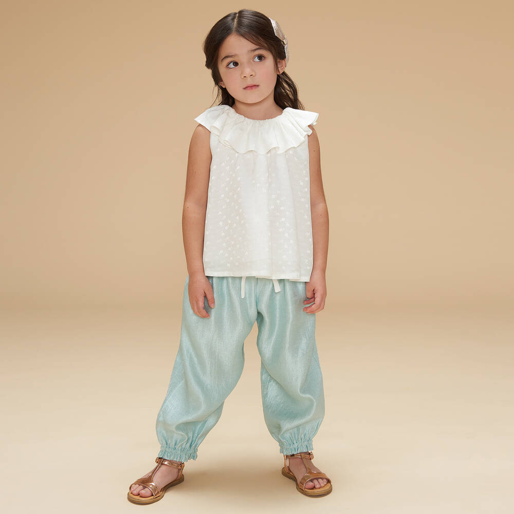Hucklebones London-Girls Ivory Viscose Ruffle Blouse | Childrensalon Outlet
