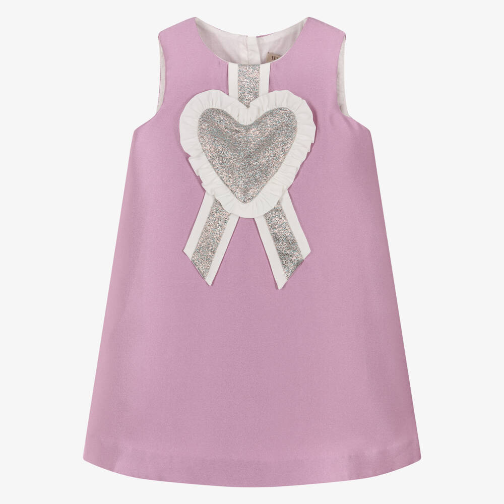 Hucklebones London-Girls Lavender Satin Glittery Heart Dress | Childrensalon Outlet