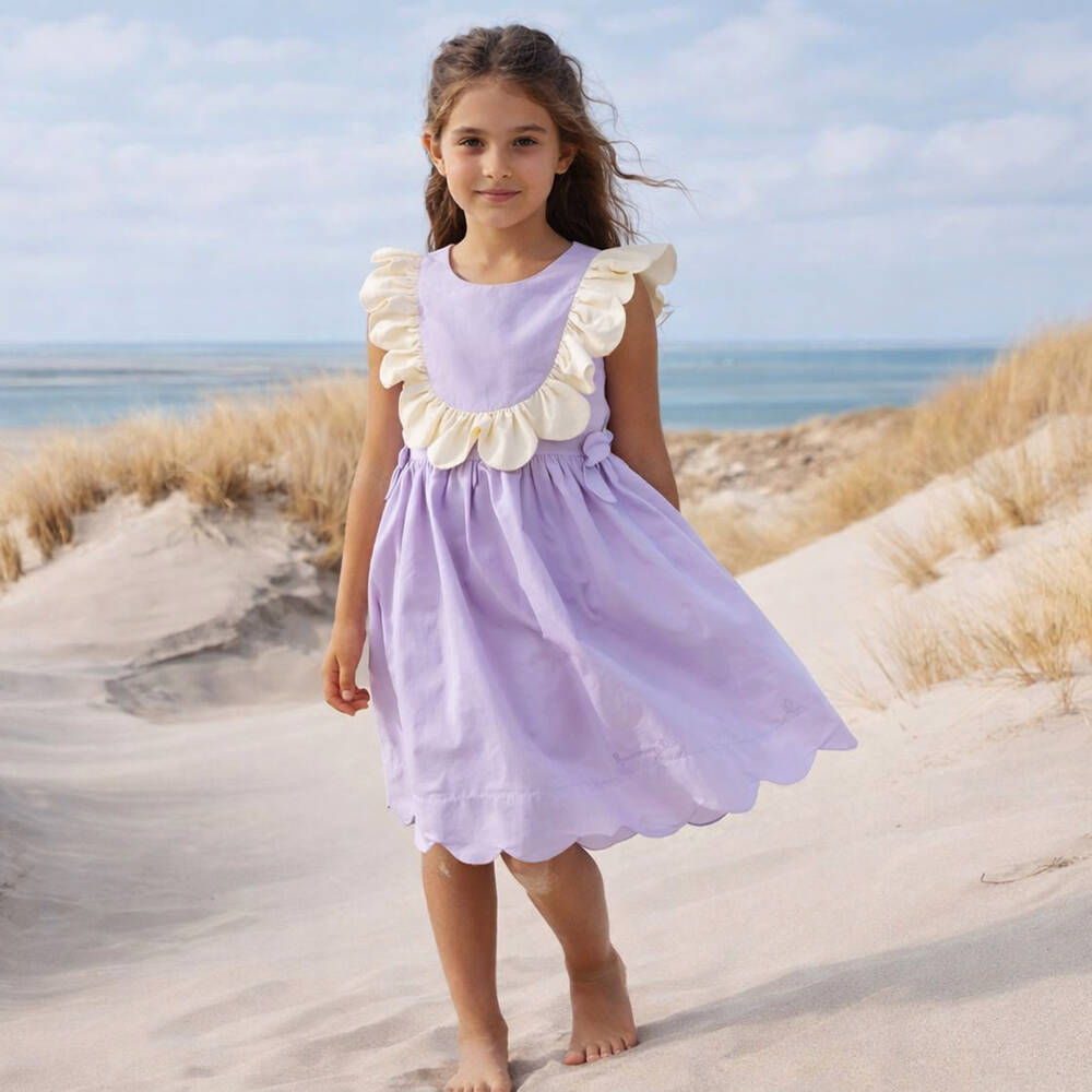 Hucklebones London-Girls Lavender Sleeveless Dress with Ivory Ruffle Trim | Childrensalon Outlet
