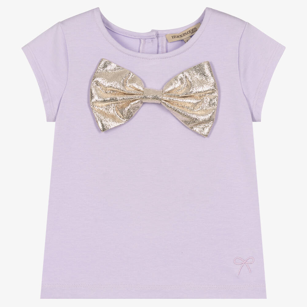 Hucklebones London - Girls Lilac Cotton & Modal Bow T-Shirt | Childrensalon