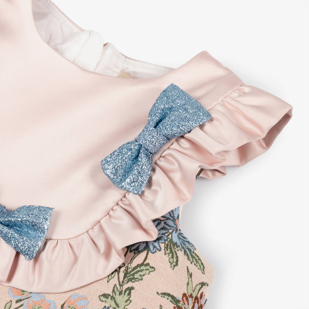 Hucklebones London-Платье с бантом из розового жаккарда для девочек | Childrensalon Outlet