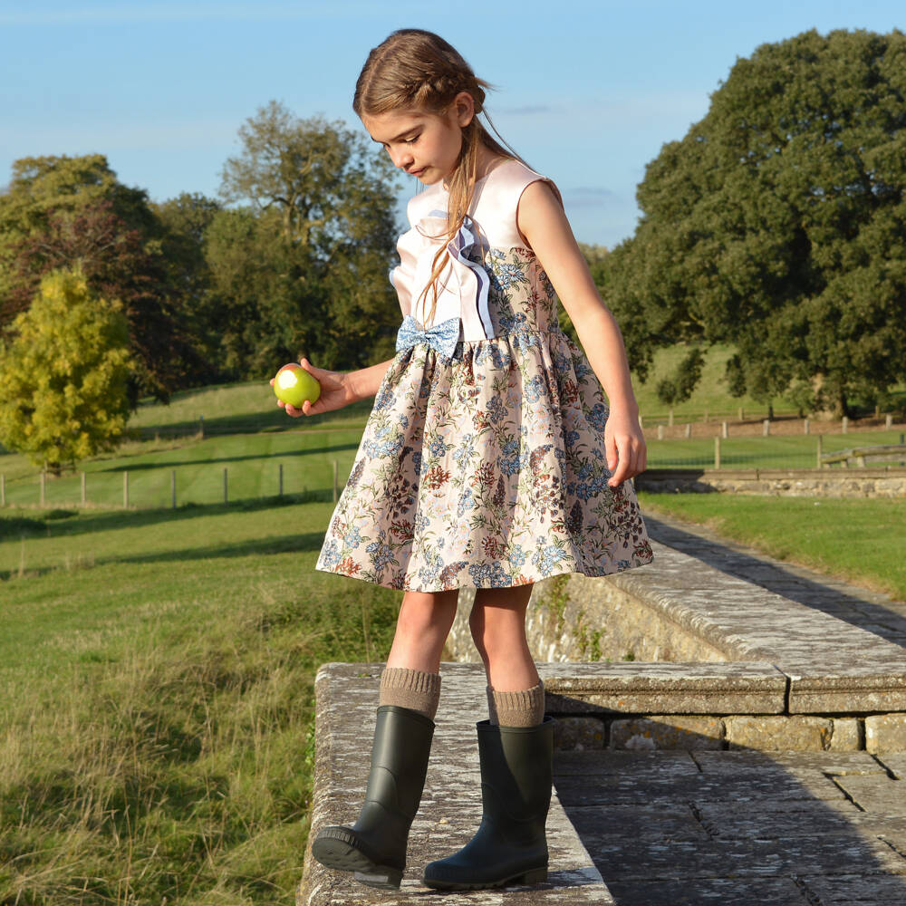 Hucklebones London-Платье с бантом из розового жаккарда для девочек | Childrensalon Outlet