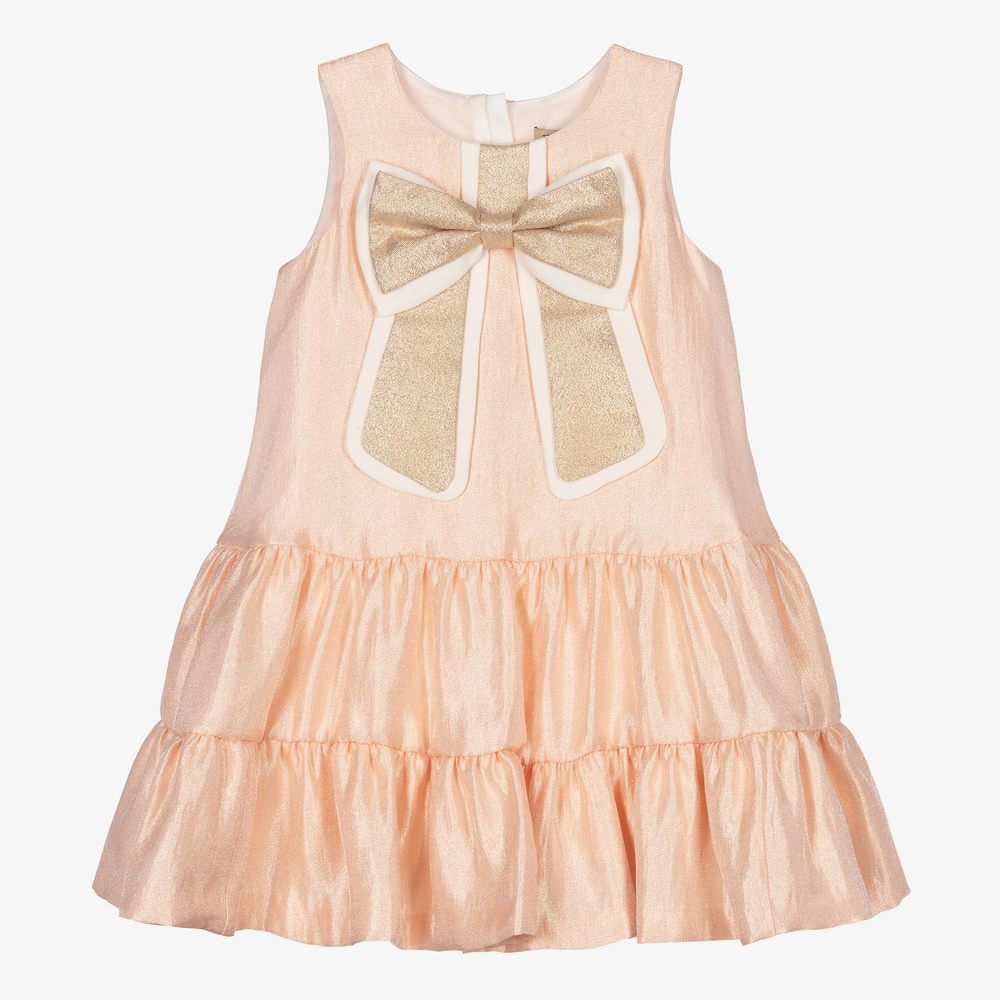 Hucklebones London - Girls Pink & Gold Bow Dress  | Childrensalon